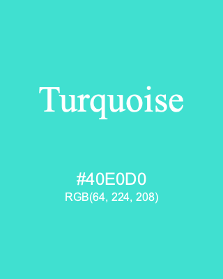 Turquoise, hex code is #40E0D0, and value of RGB is (64, 224, 208). HTML Color Names. Download palettes, patterns and gradients colors of Turquoise.