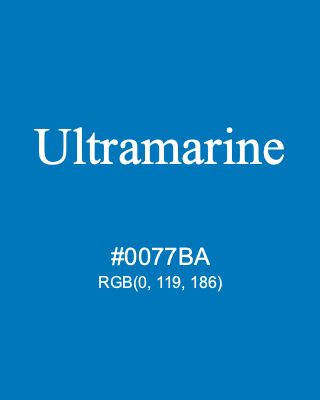 Ultramarine, hex code is #0077BA, and value of RGB is (0, 119, 186). 358 Copic colors. Download palettes, patterns and gradients colors of Ultramarine.