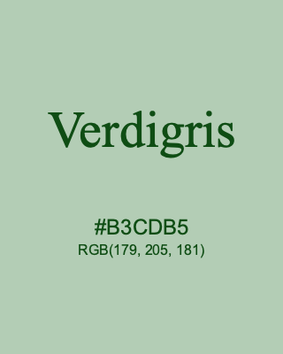 Verdigris, hex code is #B3CDB5, and value of RGB is (179, 205, 181). 358 Copic colors. Download palettes, patterns and gradients colors of Verdigris.