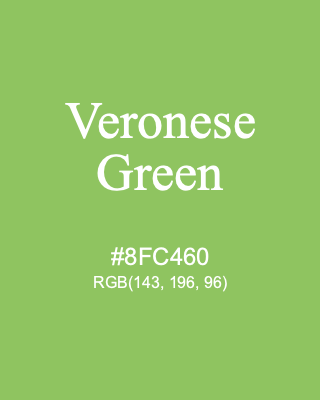 Veronese Green, hex code is #8FC460, and value of RGB is (143, 196, 96). 358 Copic colors. Download palettes, patterns and gradients colors of Veronese Green.