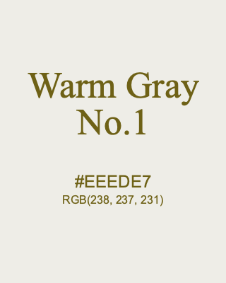 Warm Gray No.1, hex code is #EEEDE7, and value of RGB is (238, 237, 231). 358 Copic colors. Download palettes, patterns and gradients colors of Warm Gray No.1.