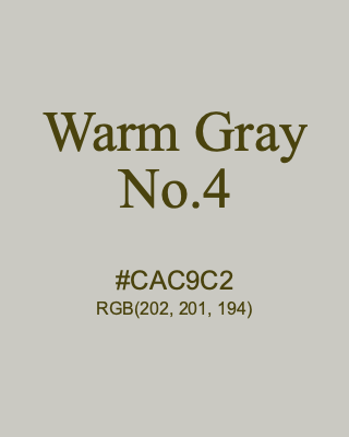 Warm Gray No.4, hex code is #CAC9C2, and value of RGB is (202, 201, 194). 358 Copic colors. Download palettes, patterns and gradients colors of Warm Gray No.4.