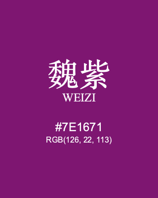 魏紫 weizi, hex code is #7e1671, and value of RGB is (126, 22, 113). Traditional colors of China. Download palettes, patterns and gradients colors of weizi.