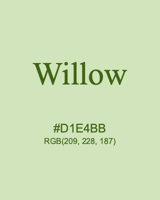 Willow, hex code is #D1E4BB, and value of RGB is (209, 228, 187). 358 Copic colors. Download palettes, patterns and gradients colors of Willow.