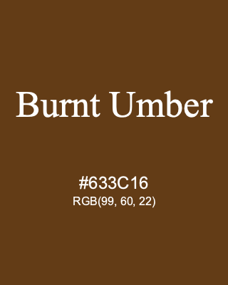 Burnt Umber, hex code is #633C16, and value of RGB is (99, 60, 22). Winsor & Newton Artists Oil Colour. Download palettes, patterns and gradients colors of Burnt Umber.