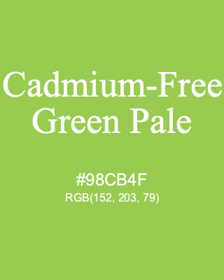 Cadmium-Free Green Pale, hex code is #98CB4F, and value of RGB is (152, 203, 79). Winsor & Newton Artists Oil Colour. Download palettes, patterns and gradients colors of Cadmium-Free Green Pale.