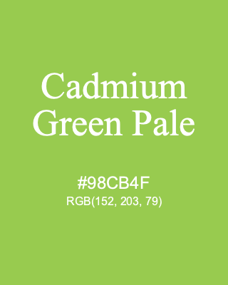 Cadmium Green Pale, hex code is #98CB4F, and value of RGB is (152, 203, 79). Winsor & Newton Artists Oil Colour. Download palettes, patterns and gradients colors of Cadmium Green Pale.