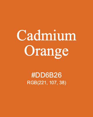 Cadmium Orange, hex code is #DD6B26, and value of RGB is (221, 107, 38). Winsor & Newton Artists Oil Colour. Download palettes, patterns and gradients colors of Cadmium Orange.