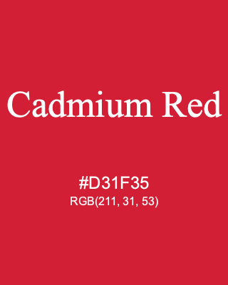 Cadmium Red, hex code is #D31F35, and value of RGB is (211, 31, 53). Winsor & Newton Artists Oil Colour. Download palettes, patterns and gradients colors of Cadmium Red.