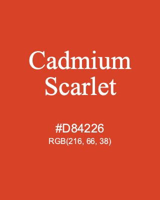 Cadmium Scarlet, hex code is #D84226, and value of RGB is (216, 66, 38). Winsor & Newton Artists Oil Colour. Download palettes, patterns and gradients colors of Cadmium Scarlet.