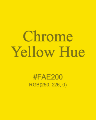 Chrome Yellow Hue, hex code is #FAE200, and value of RGB is (250, 226, 0). Winsor & Newton Artists Oil Colour. Download palettes, patterns and gradients colors of Chrome Yellow Hue.
