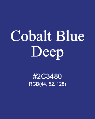Cobalt Blue Deep, hex code is #2C3480, and value of RGB is (44, 52, 128). Winsor & Newton Artists Oil Colour. Download palettes, patterns and gradients colors of Cobalt Blue Deep.