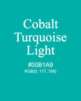 Cobalt Turquoise Light, hex code is #00B1A9, and value of RGB is (0, 177, 169). Winsor & Newton Artists Oil Colour. Download palettes, patterns and gradients colors of Cobalt Turquoise Light.