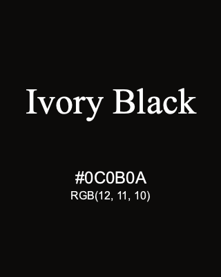 Ivory Black, hex code is #0C0B0A, and value of RGB is (12, 11, 10). Winsor & Newton Artists Oil Colour. Download palettes, patterns and gradients colors of Ivory Black.