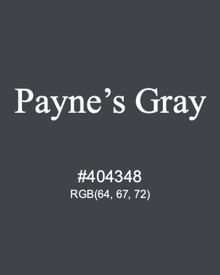 Payne’s Gray, hex code is #404348, and value of RGB is (64, 67, 72). Winsor & Newton Artists Oil Colour. Download palettes, patterns and gradients colors of Payne’s Gray.