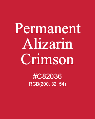 Permanent Alizarin Crimson, hex code is #C82036, and value of RGB is (200, 32, 54). Winsor & Newton Artists Oil Colour. Download palettes, patterns and gradients colors of Permanent Alizarin Crimson.