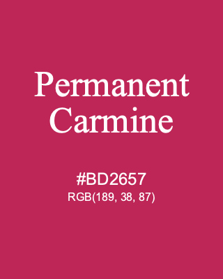 Permanent Carmine, hex code is #BD2657, and value of RGB is (189, 38, 87). Winsor & Newton Artists Oil Colour. Download palettes, patterns and gradients colors of Permanent Carmine.