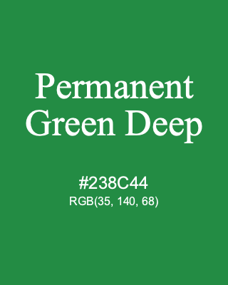 Permanent Green Deep, hex code is #238C44, and value of RGB is (35, 140, 68). Winsor & Newton Artists Oil Colour. Download palettes, patterns and gradients colors of Permanent Green Deep.