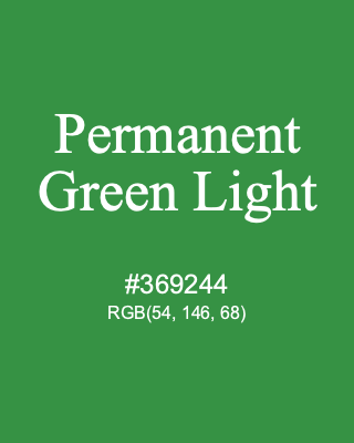 Permanent Green Light, hex code is #369244, and value of RGB is (54, 146, 68). Winsor & Newton Artists Oil Colour. Download palettes, patterns and gradients colors of Permanent Green Light.