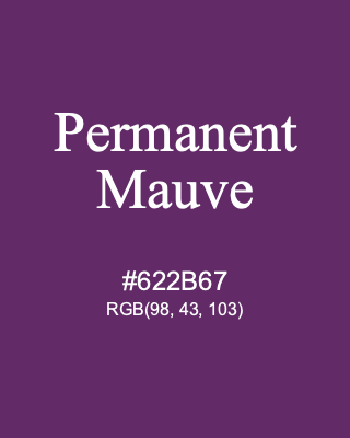 Permanent Mauve, hex code is #622B67, and value of RGB is (98, 43, 103). Winsor & Newton Artists Oil Colour. Download palettes, patterns and gradients colors of Permanent Mauve.