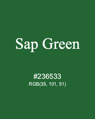 Sap Green, hex code is #236533, and value of RGB is (35, 101, 51). Winsor & Newton Artists Oil Colour. Download palettes, patterns and gradients colors of Sap Green.