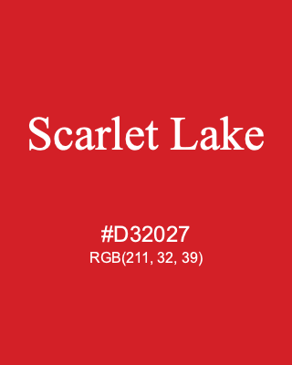 Scarlet Lake, hex code is #D32027, and value of RGB is (211, 32, 39). Winsor & Newton Artists Oil Colour. Download palettes, patterns and gradients colors of Scarlet Lake.
