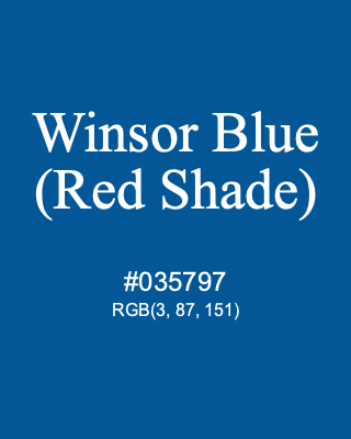 Winsor Blue (Red Shade), hex code is #035797, and value of RGB is (3, 87, 151). Winsor & Newton Artists Oil Colour. Download palettes, patterns and gradients colors of Winsor Blue (Red Shade).