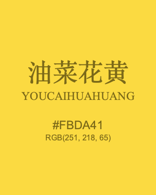 油菜花黄 youcaihuahuang, hex code is #fbda41, and value of RGB is (251, 218, 65). Traditional colors of China. Download palettes, patterns and gradients colors of youcaihuahuang.