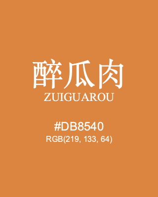 醉瓜肉 zuiguarou, hex code is #db8540, and value of RGB is (219, 133, 64). Traditional colors of China. Download palettes, patterns and gradients colors of zuiguarou.